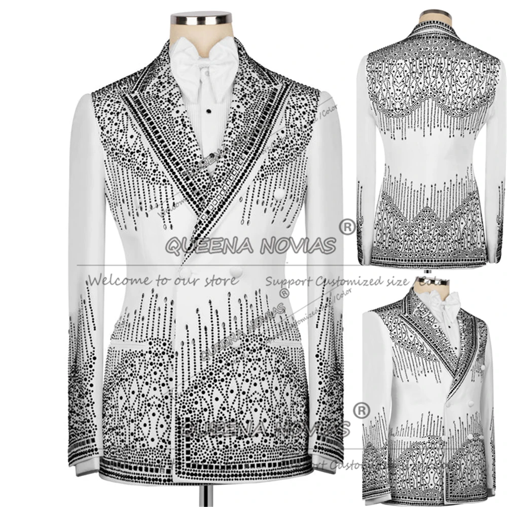 

Exquisited Beaded Stones Suits Men For Wedding Double Breasted Jacket Pants 2 Piece Set Groom Tuxedos Customized Costume Homme