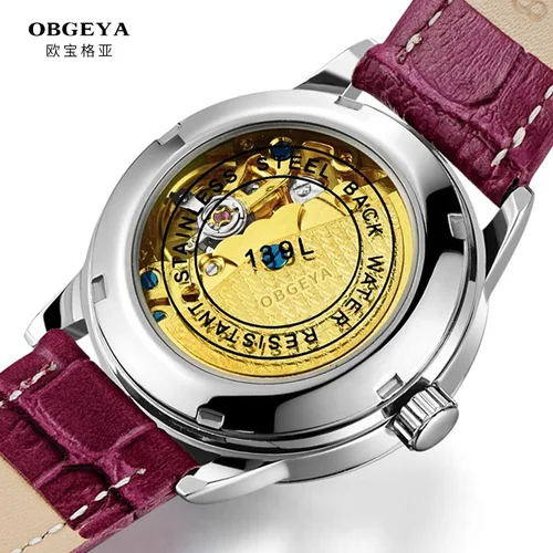 Imagen 2 del producto Relojes mecánicos automáticos para mujer, relojes de pulsera de trébol de cuatro hojas de diamante, reloj de cuero rosa para mujer, resistente al agua