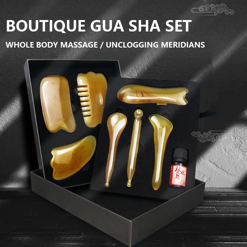 7 Pcs Natural Resin Beauty Set Jawline Lift Facial Skin Firming Eye Head Spa Gua Sha Board Back Neck Full Body Scraping Massage