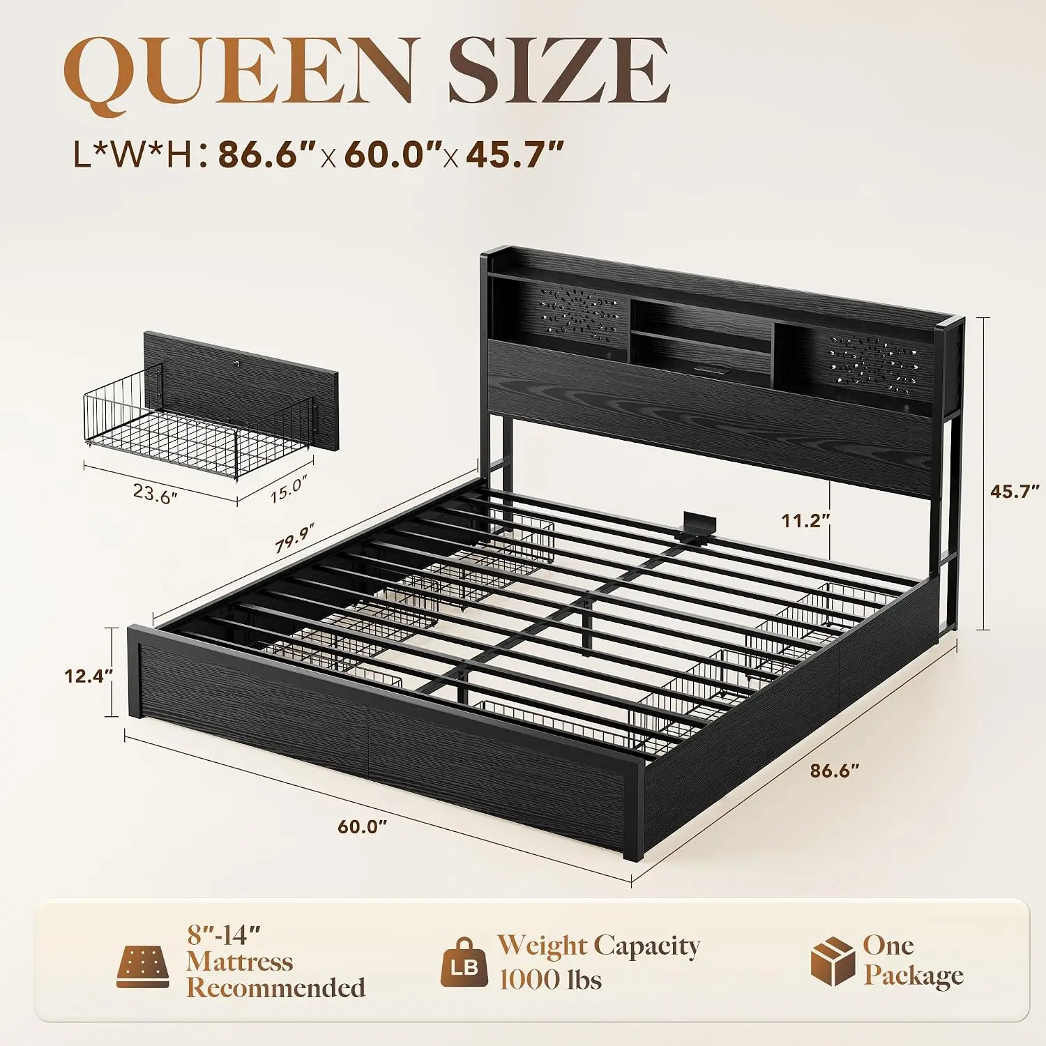 Queen Bed Frame with 6 Storage Drawers & Carving Headboard, Customized