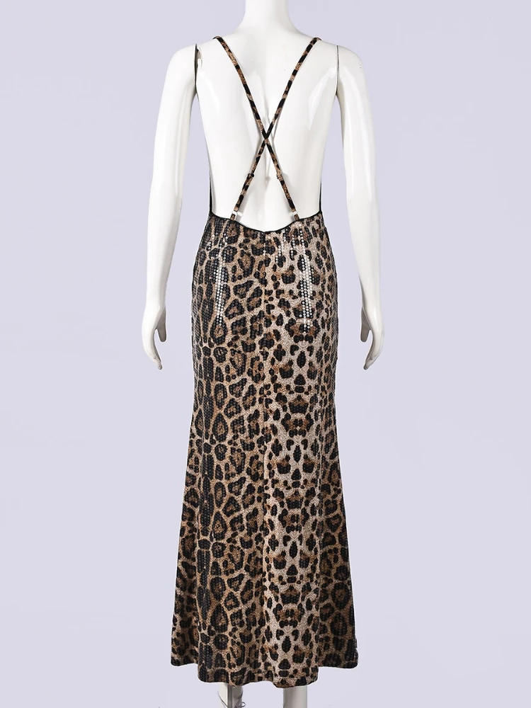 SsTss Vintage Leopard Print Camis Dress Mulheres Sexy Swinging Collar Sem Mangas Criss Cross Backless Slim Evening Party Maxi Vestido