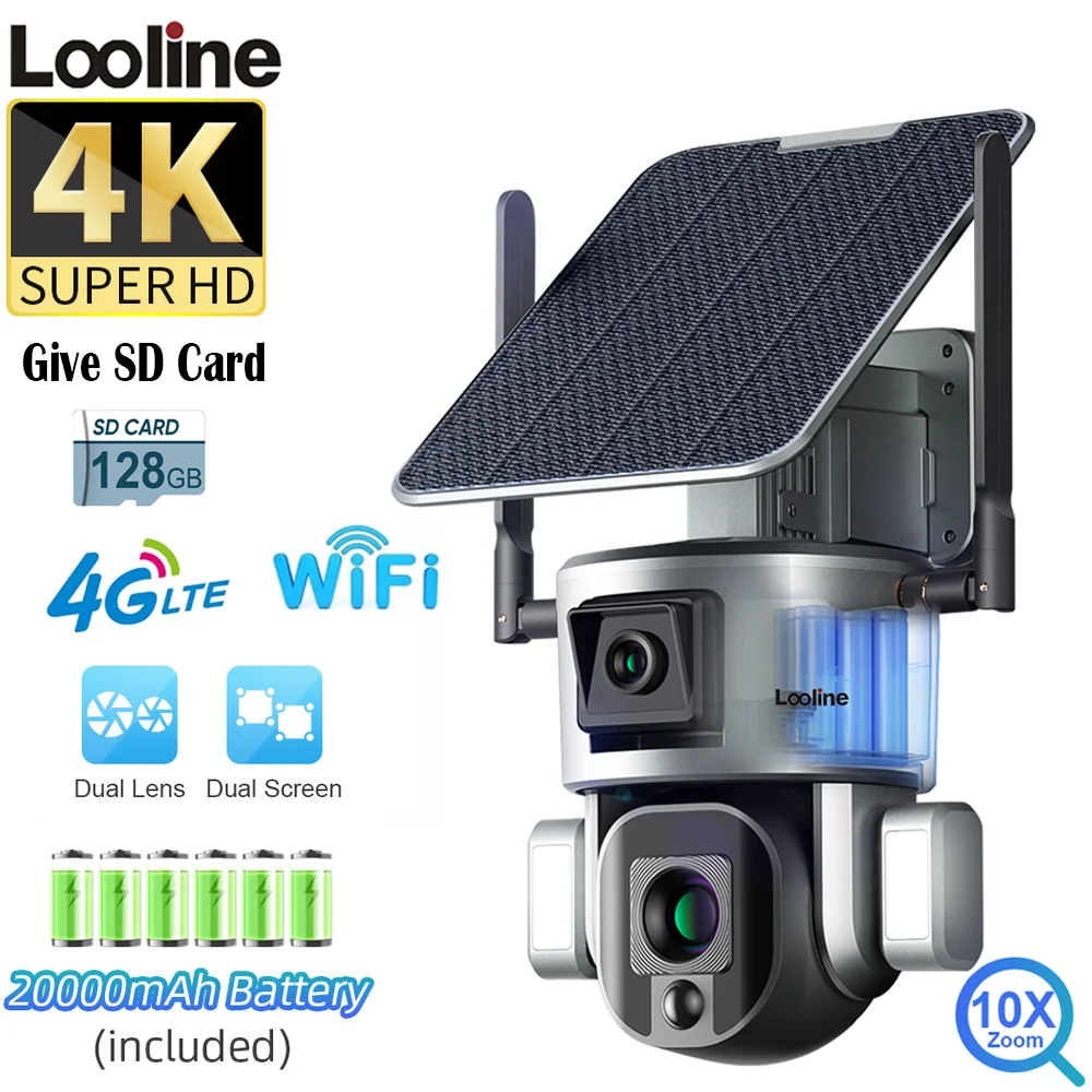 UHD 4K WiFi Solar Camera Surveillance Outdoor 4X 10X Optical Zoom Dual Lens Two way Audio Ai Security Tracking Camera PTZ Cam