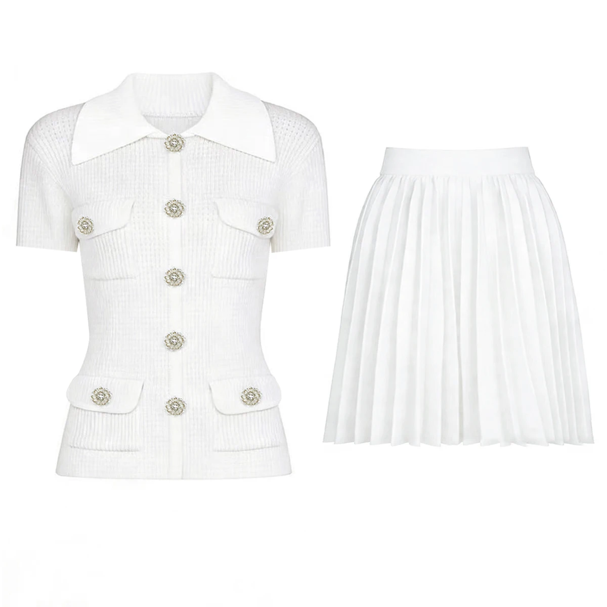 26101 High-quality Summer New Fashion Heavy Industry Diamond Button Knitted Short Cardigan+pleated Short Skirt Women's Set