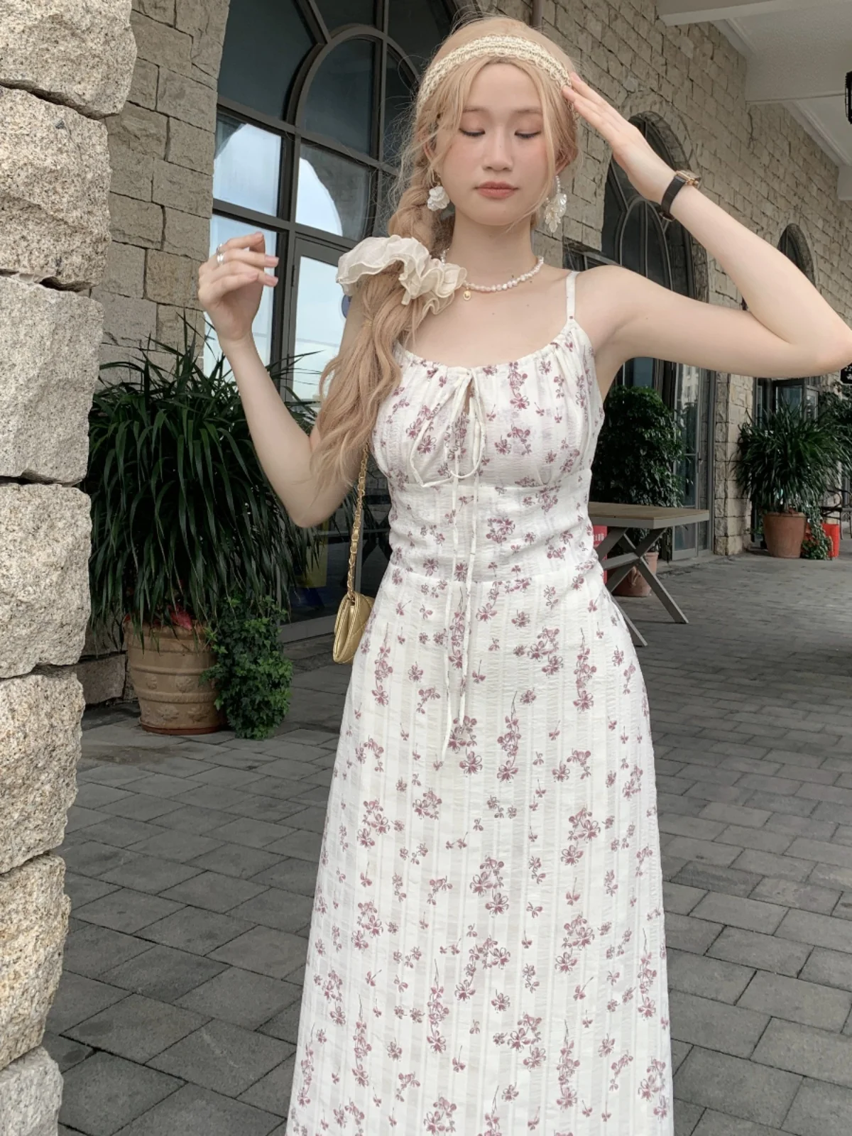 

plus Size Floral Print Halter Dress Women's Summer New Holiday Style A-Line Long Dress Korean Style Slimming Belted Midi Dress