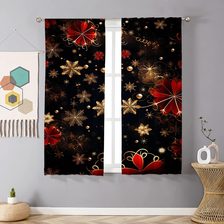 2PCS Christmas Curtains, Black Gold Snowflake, Digital Print, Bedroom Living Room Kitchen, Rod Pocket Polyester, Home Decor