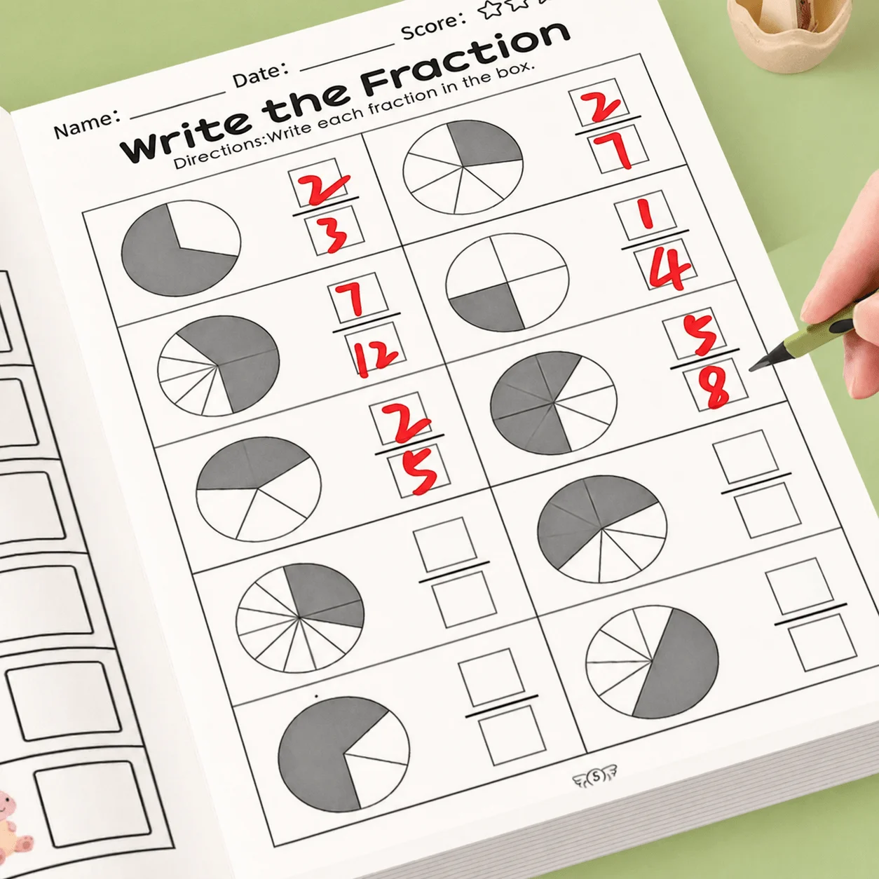 Grundlegendes Bruchrechen-Arbeitsbuch, 32 Seiten, Mathe-Aktivitätsbuch für Kinder mit Übungen zum Ausmalen und Erkennen von Brüchen für Grundschüler – Detail 1
