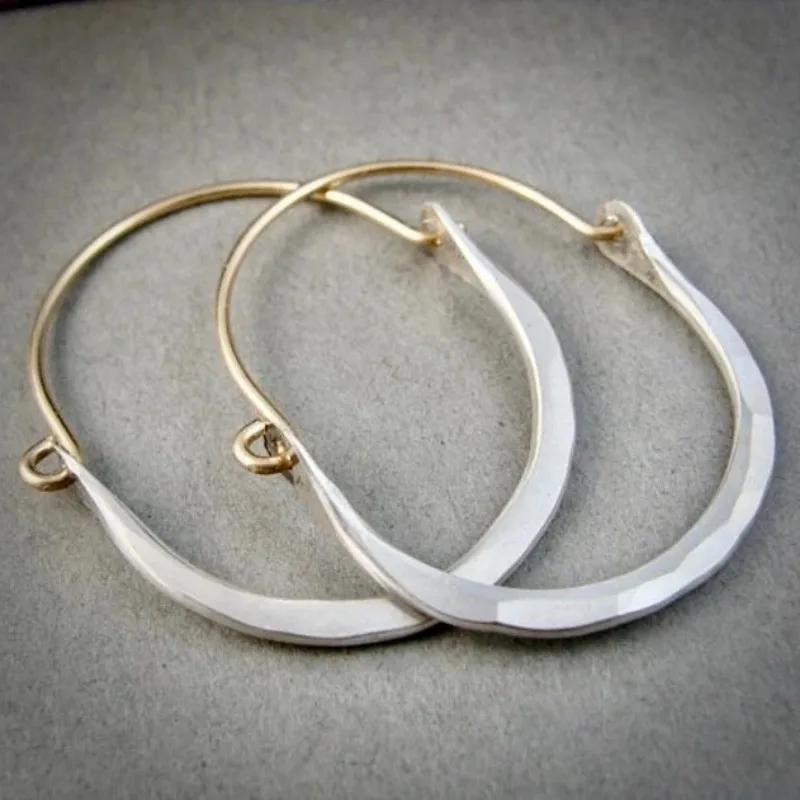 Large Minimalist Copper Hoops, Hammered Silvery Earrings, Two Tone Hoops, Siren Jewels, Gifts for Her