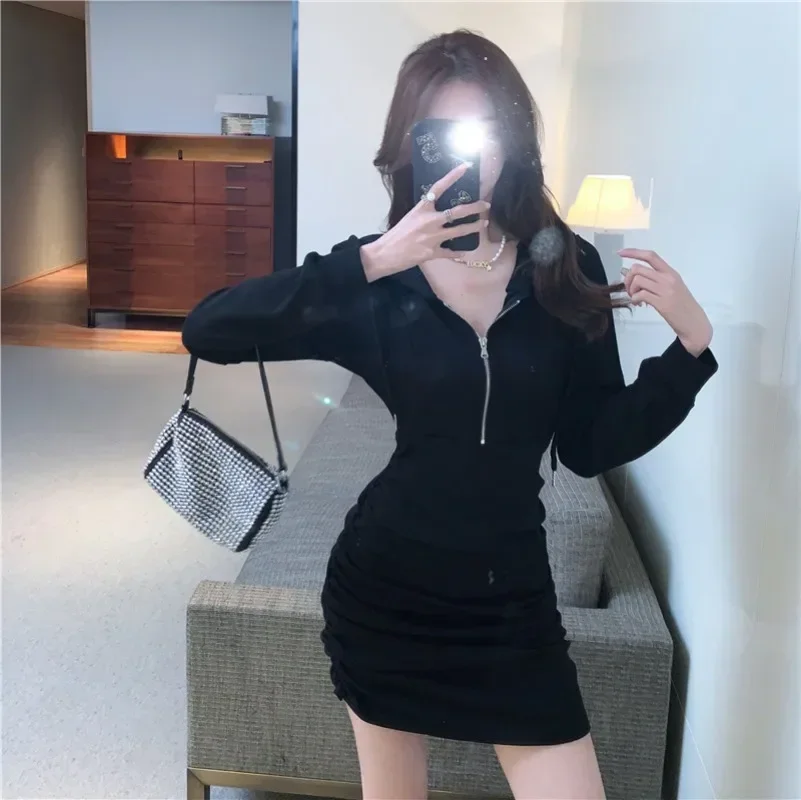Minivestido con capucha y cordón para mujer, Vestidos cortos ajustados con cremallera negra Y2k, Vestidos coreanos De otoño, bata elegante De Hip-hop