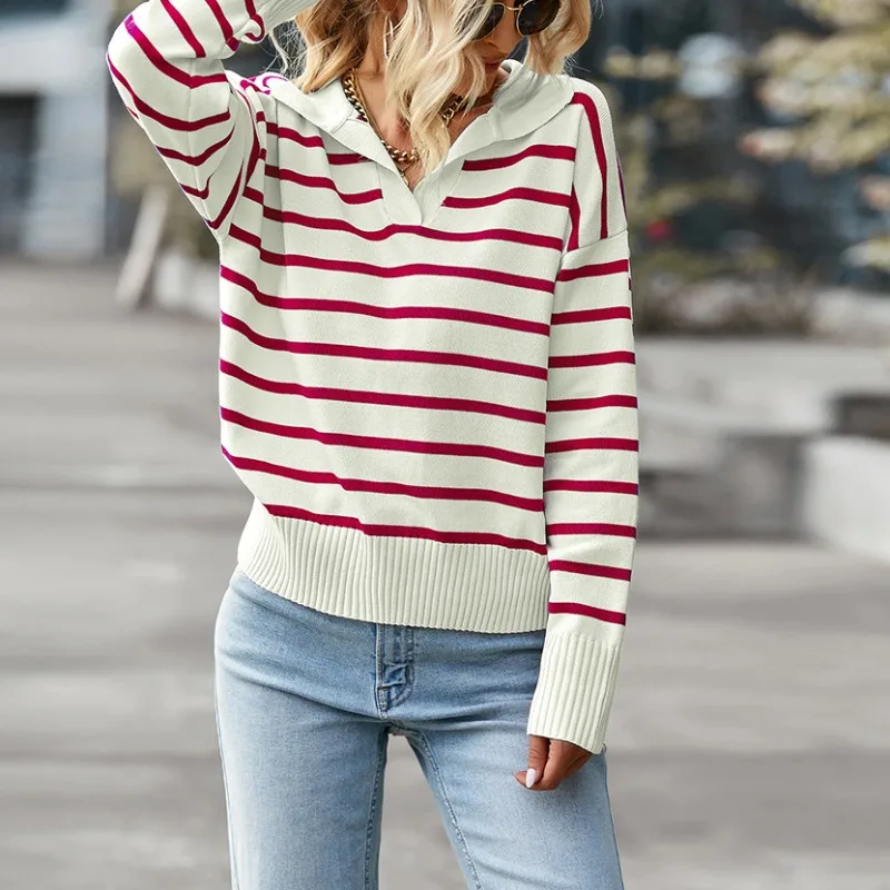 

2024 Striped Casual Sweater Soft Top for Women Temperament Commuting New Fashion Women's Long Sleeve V-neck Loose Pullovers
