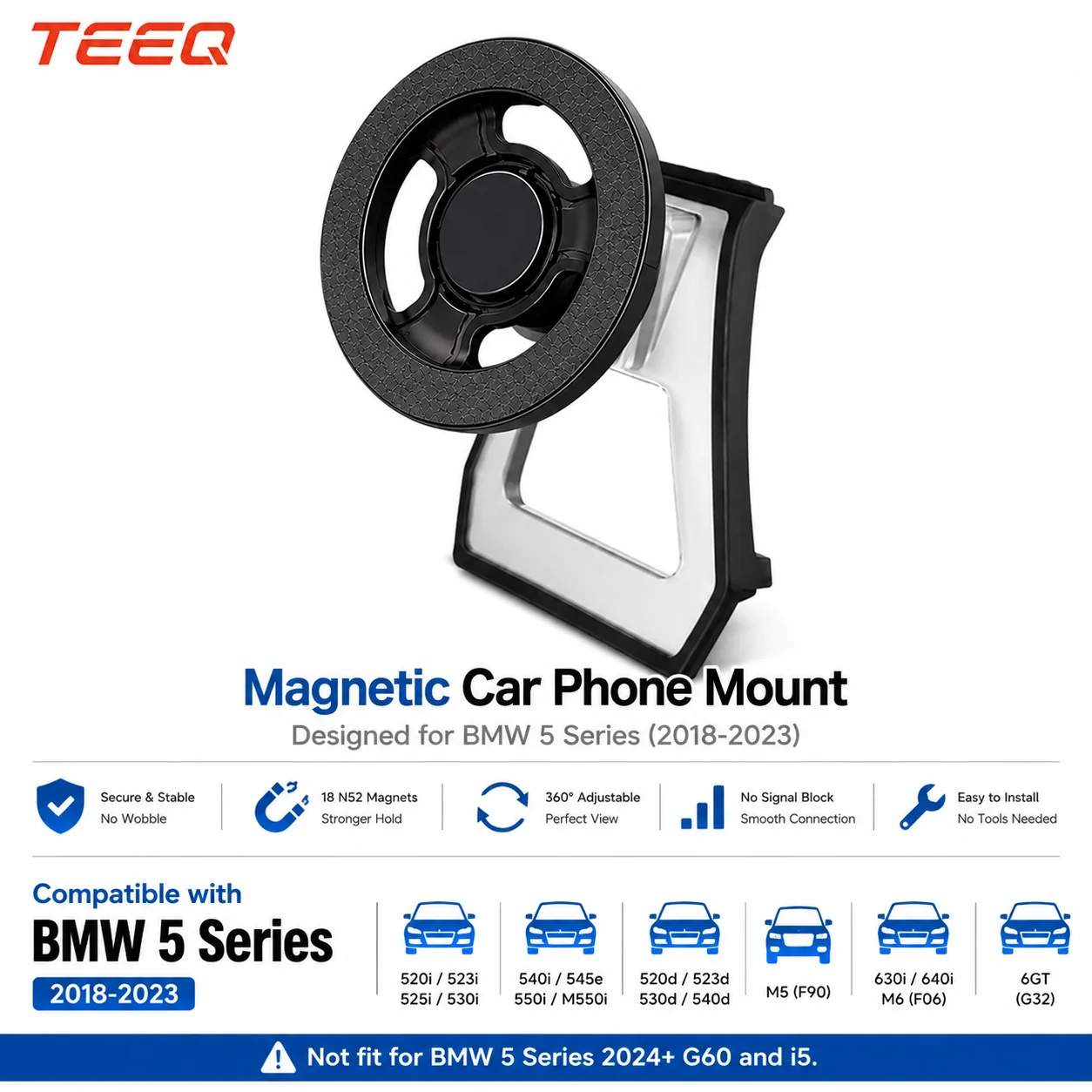 TEEQ Magnetic Car Phone Holder for BMW 5 Series G30 G31 6 Series GT G32 2018-2023 360° Adjustable Vehicle-Specific Phone Mount