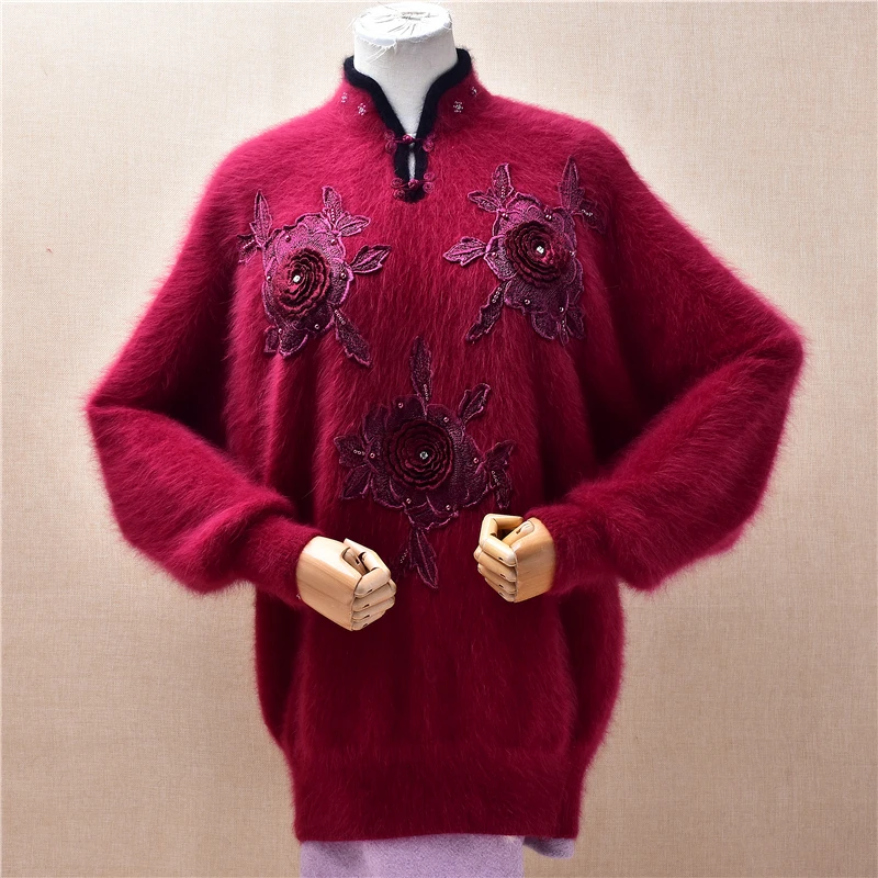 

Элегантный китайский древний стиль, винтажный женский женский женский свободный свитер с вышивкой из ангорского кроличьего меха, джемпер с длинными рукавами