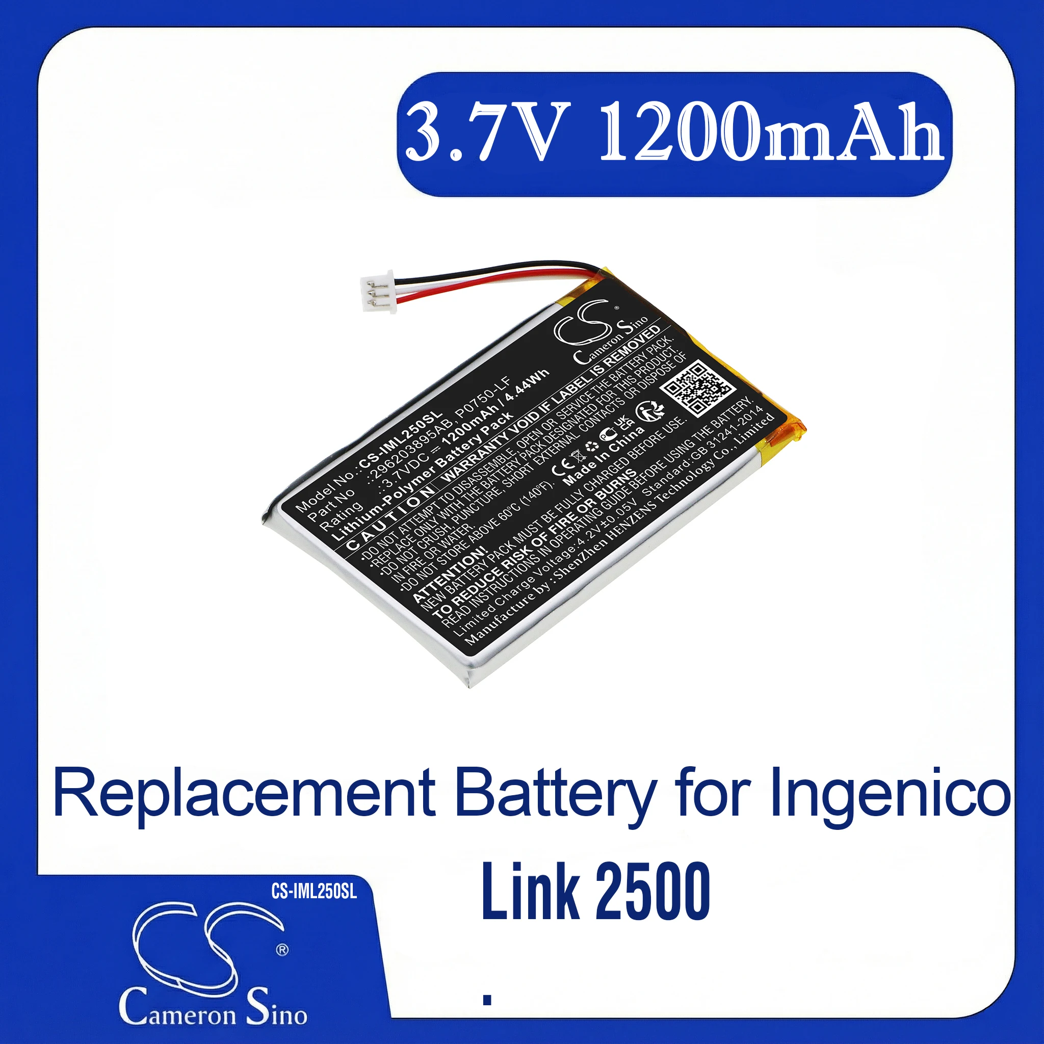 Cameron Sino Replacement Battery Ingenico Link 2500 PN 296203895AB,P0750-LF