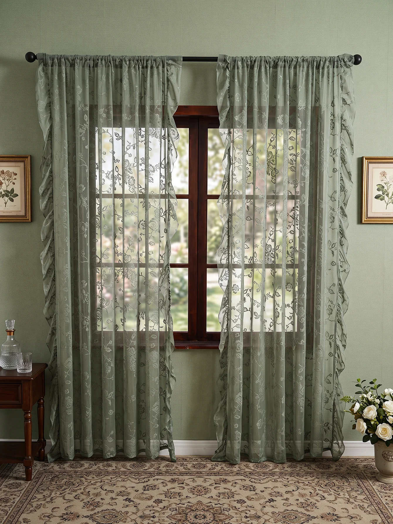 Elegant Botanical Rose Embroidered Voile Curtains, Soft Wavy Ruffle Edge Sheer Window Drapes, Light Filtering Transparent Curtai
