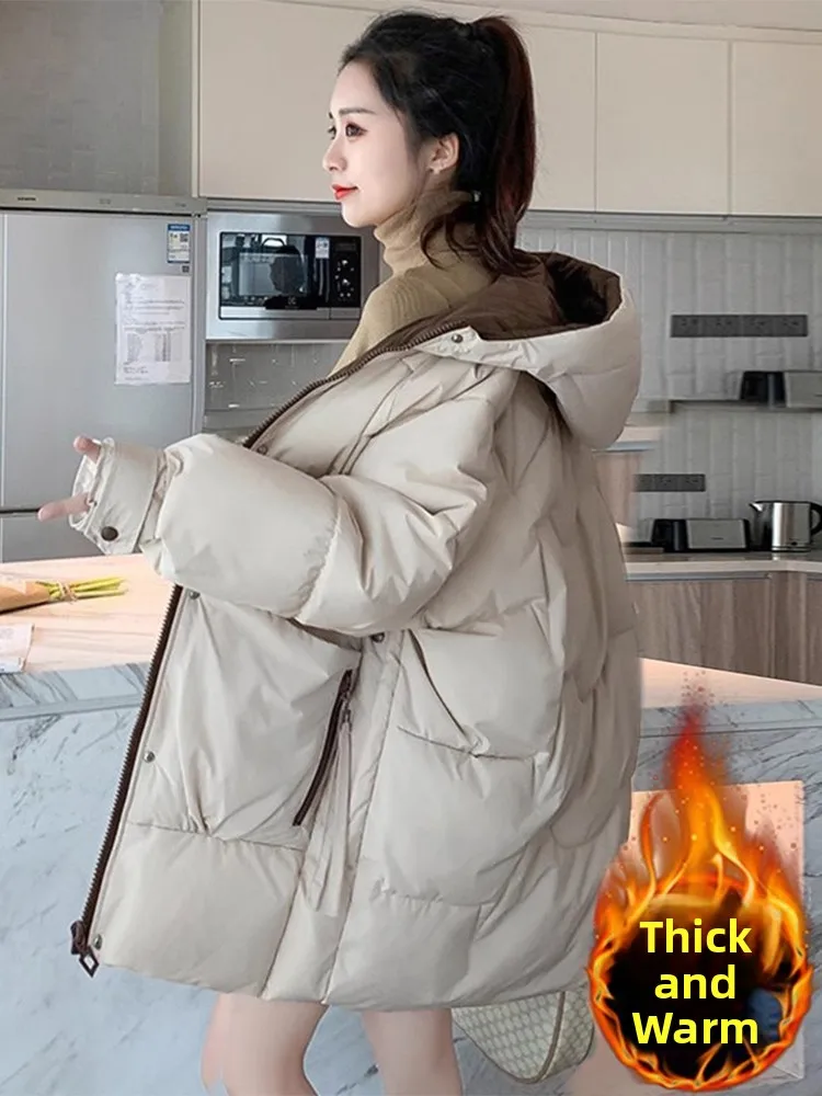 

Thickened Long Hooded Cotton Jacket Women's Casual High-End Feeling Cotton Coat Winter New Style Korean Version Loose Fit