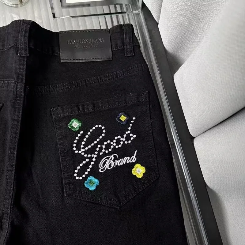 

Ele Embroidered Slim Fit Men's Jeans Bla Elastic Straight Leg Casual Trousers Youth Faion Cotton Polyester Blend