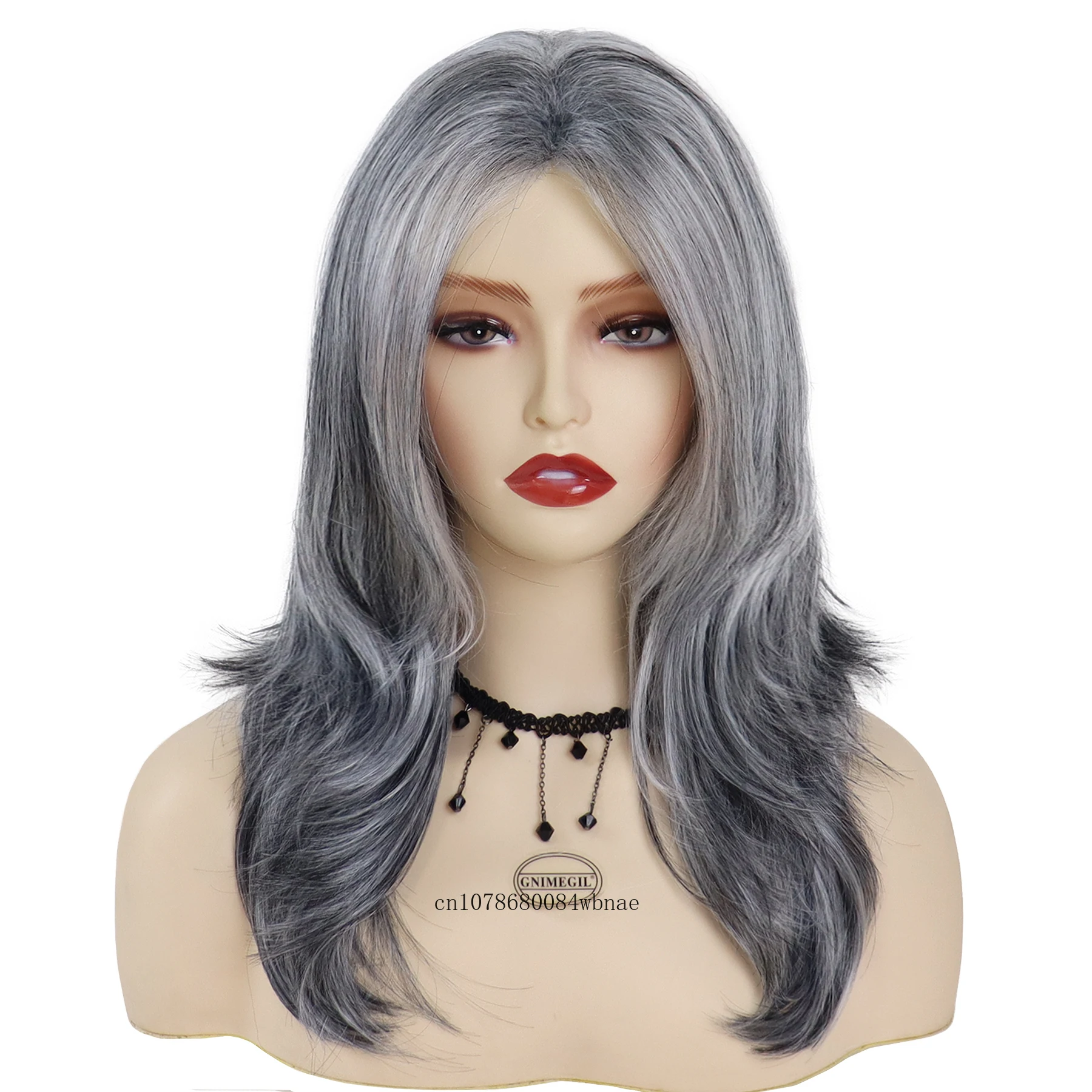 Grey Layered Long Synthetic Wigs with Bangs Silver Gray Wavy for Women Salt and Pepper Natural Looking Daily Use Heat Resistant