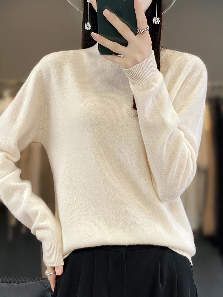 Mode Grundlegende Frauen Merino Wolle Pullover Kaschmir Pullover Oansatz Strickwaren Schlank Solide Kragen Elegante Kleidung Tops