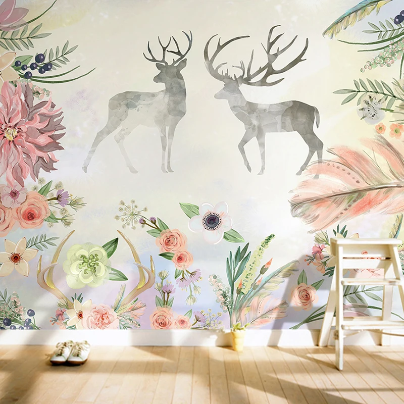 Custom 3D Simple warm wedding room wallpaper European flowers elk living room bedroom TV background wall Northern Europe murals