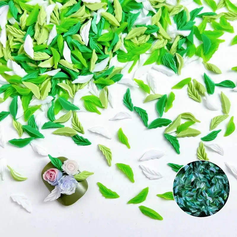 

100pcs Resin Luminous Fresh Leaf Nail Charms Slender White Green Leaf Nail Art Decoration Accessories for DIY Manicure Supplies