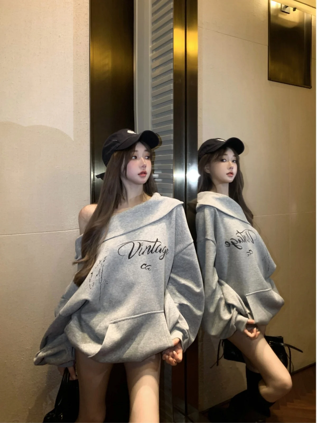 아메리칸 스타일 루즈핏 그레이 긴팔 스웨트셔츠 여성 스트리트웨어 숄더 프린트 오버사이즈 코트 레이지 가을 탑