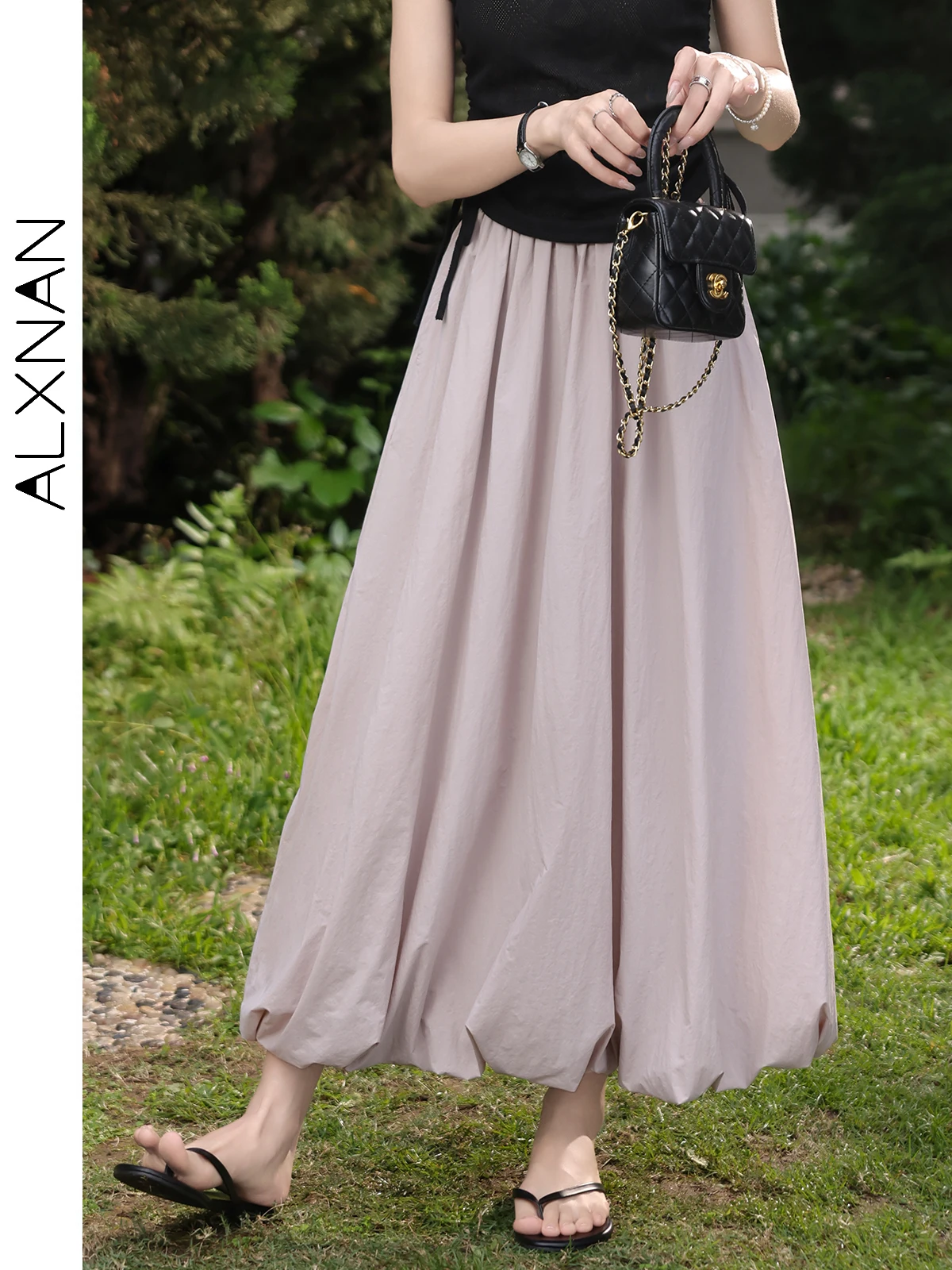 ALXNAN French Style Maxi Skirt Women 2024 New Simple Casual Summer High Waist Loose A-line Long Skirts Female Clothing L35929