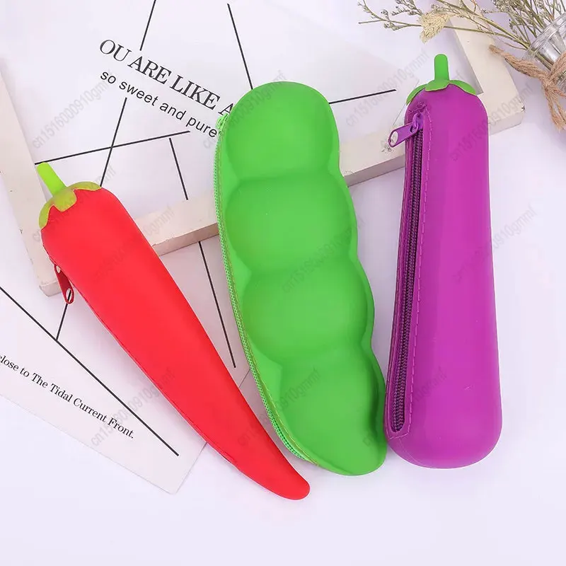 Imagem -02 - Grande Capacidade Soft Silicone Zipper Lápis Case Berinjela Ervilha Milho Legumes Frutas Crianças Escola Caneta Papelaria Bolsa de Armazenamento