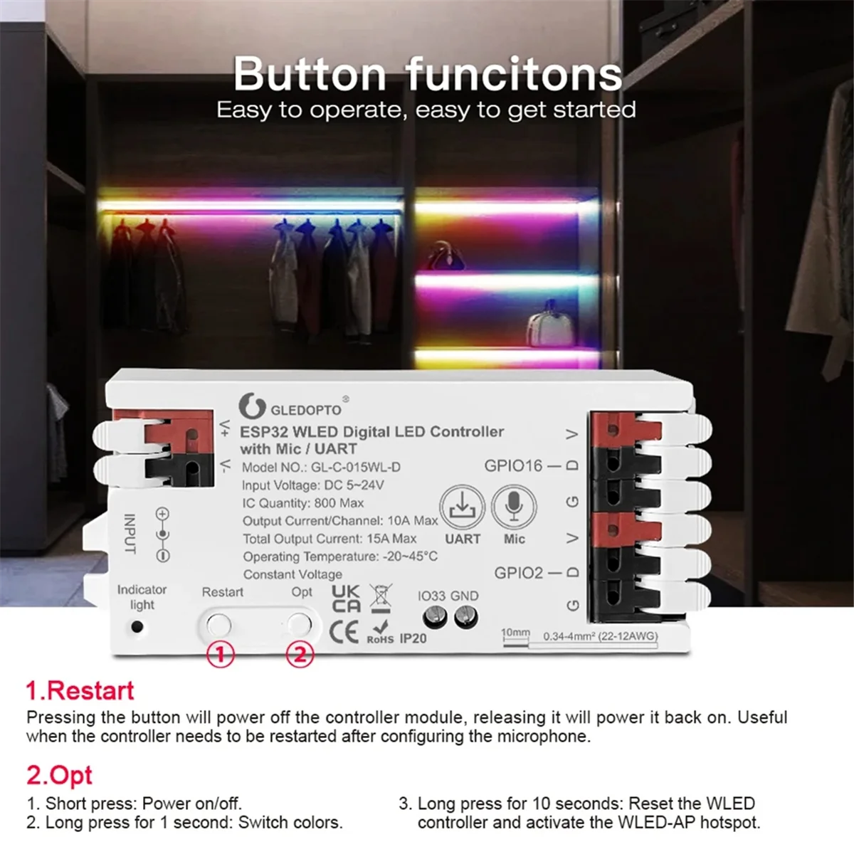 Controlador GLEDOPTO ESP32 WLED para tiras de luz LED