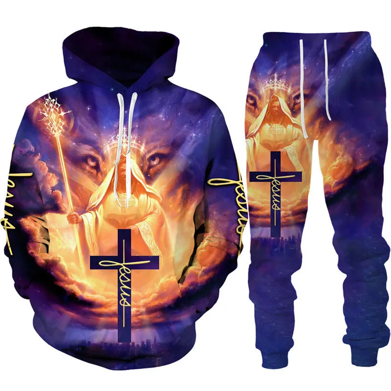 Two Piece Set Christian Bible Faith Jesus God Men\'s Hoodie/Suit Cool 3D Lion Printed Streetwear Couple Clothes Jogging Tracksuit