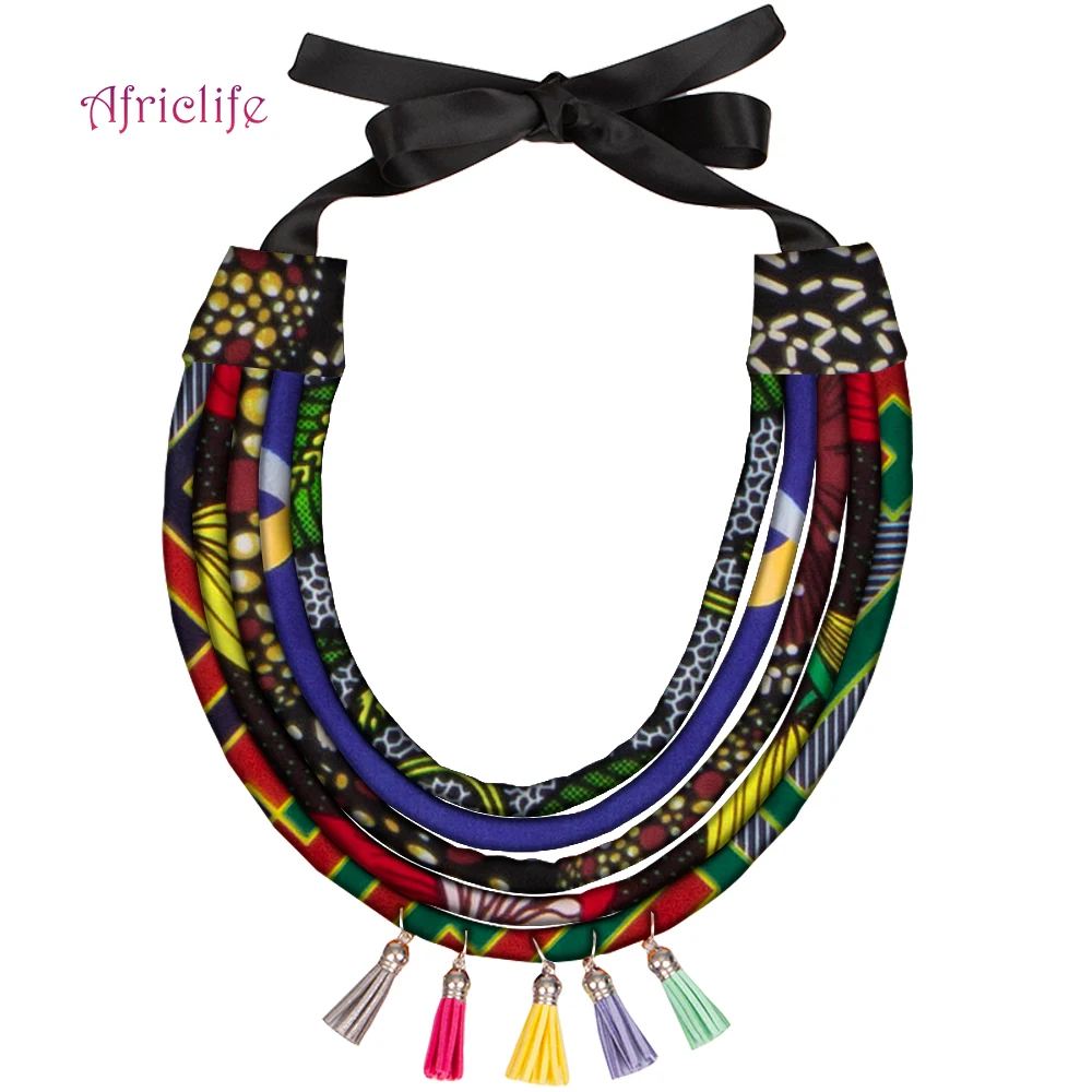 

African Multi Color Tassels Necklace Handmade Fabric Ankara Multi Layered Rope Statement Necklace for Summer Holiday WYB12