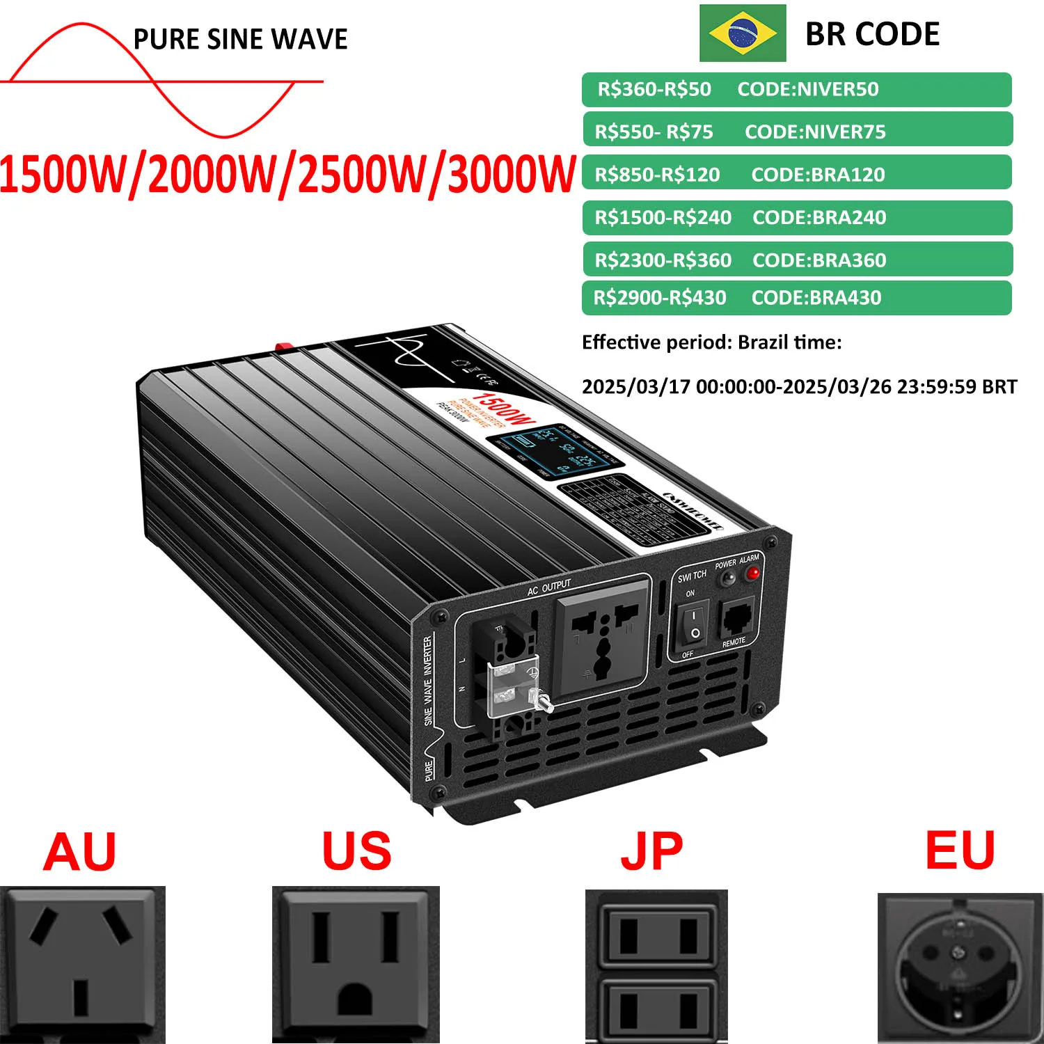 1500W 2000W 2500W 3000W pure sine wave solar power inverter 12V/24V/48V DC to 110V 220V AC LCD screen