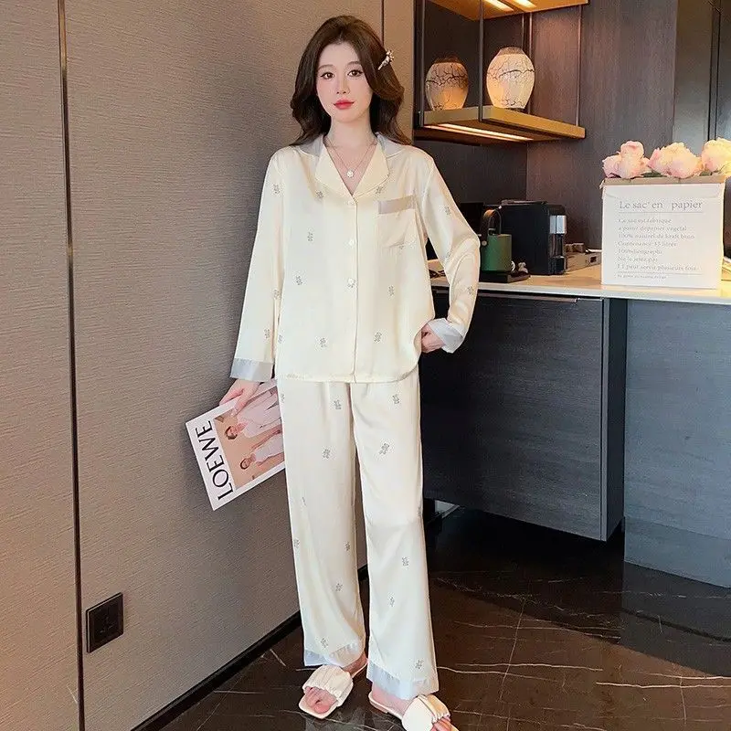 Women Spring Autumn Two Pieces Sets Pajama Long-sleeved Cardigan Lapel Trouser Homewear Thin Loose With Bear Silk Soft Homecloth