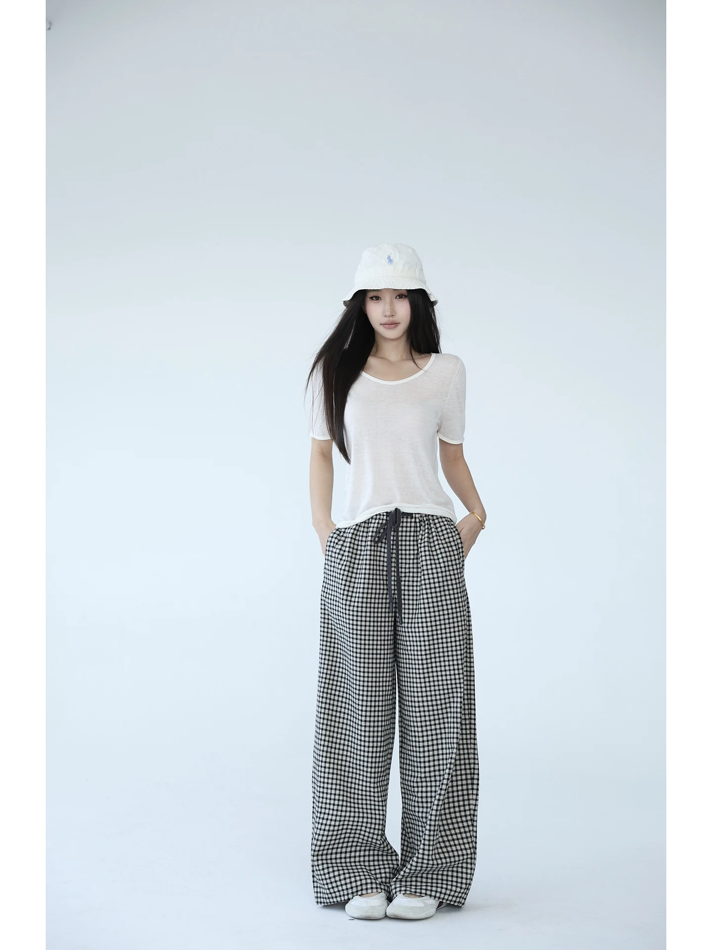 

Повседневные женские брюки в клетку на шнурке, свободного кроя, из смесового хлопка, для весеннего сезона, с естественной талией, модные и удобные