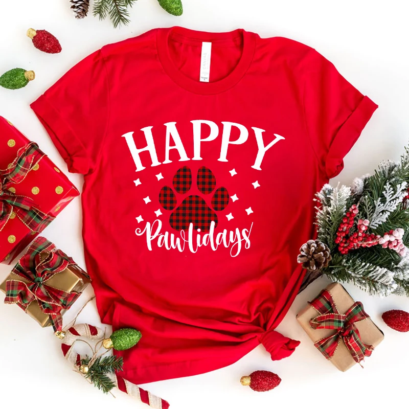 Christmas Happy Pawlidays Print T-Shirt Women Men Summer Casual Short Sleeve Round Neck Tops Fashion T-Shirts(Premium T-shirt)