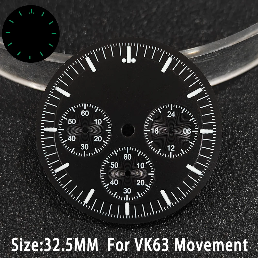 

For VK63 Dials 32.5mm C3 Green Luminous Multicolored Calendar Window Suitable For Mineral Crystal Glass Case Watch Accessory