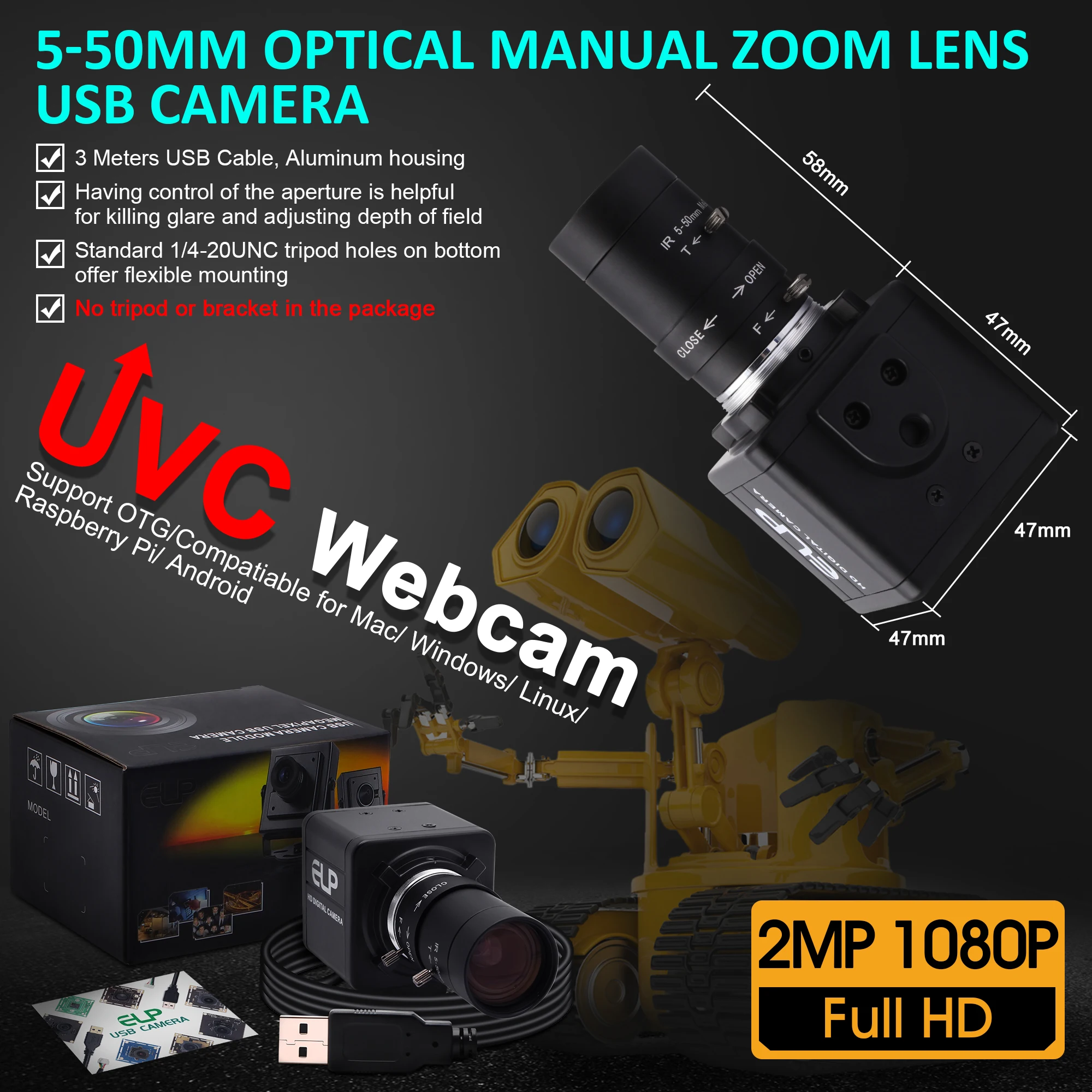 كاميرا ويب 1080P عالية الدقة CMOS OV2710 معدل إطار عالي دليل التكبير Varifocal CS عدسة الأمن كاميرا بمنفذ USB صغيرة لبث الفيديو المباشر #6