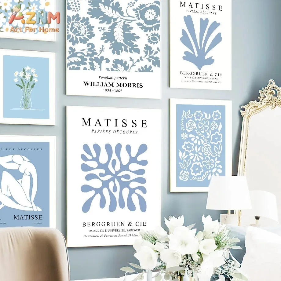 AZNM Matisse & William Morris Style Blue Floral Leinwand-Wandkunstdruck, ungerahmtes minimalistisches Boho-Blumenposter, ästhetischer Vintage-Stil