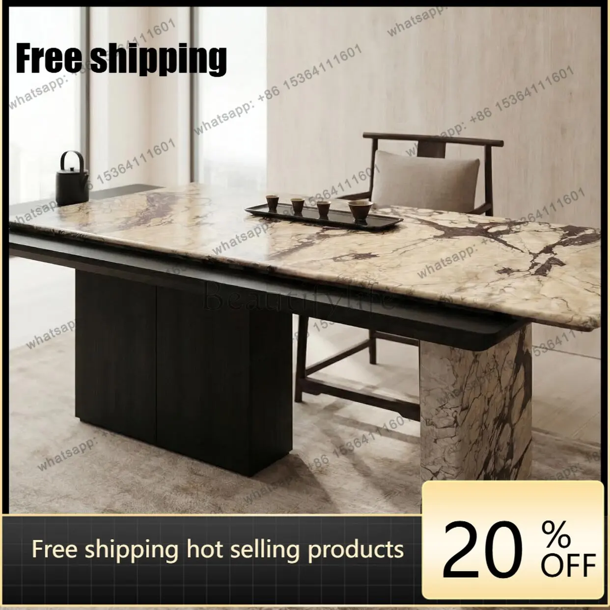 Factory Direct Sales Italian minimalist light luxury solid wood marble tea table, rectangular multifunctional