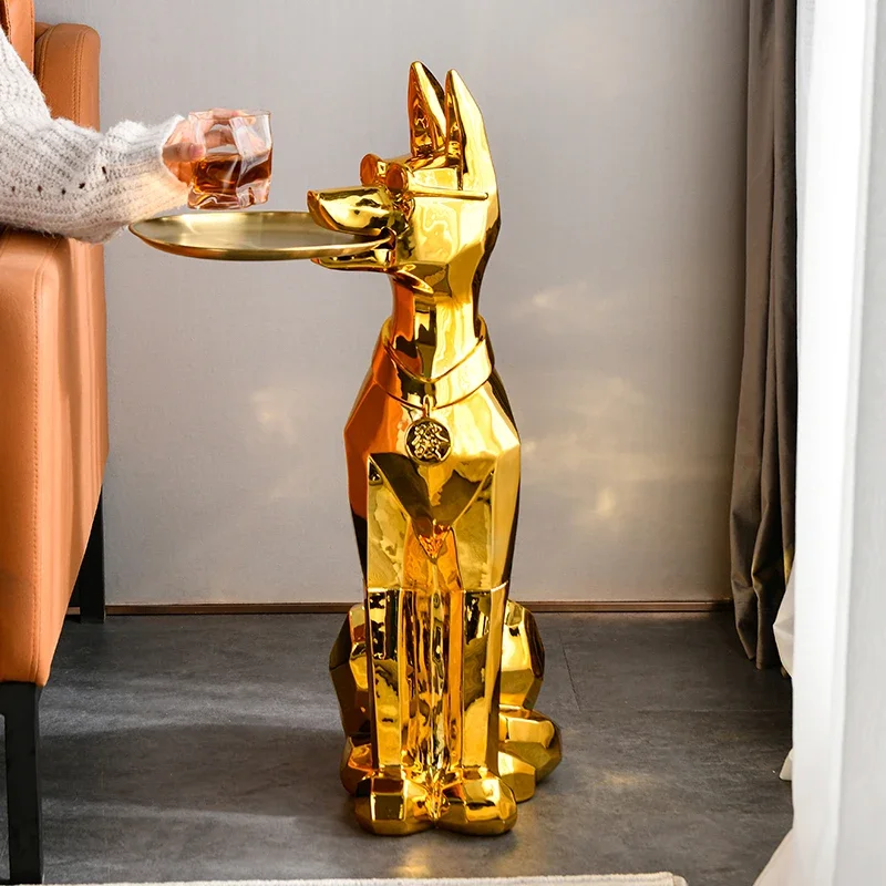 Golden Dog Statue Doberman Tray Sculpture Living Room Decoration Large-sized Animal Figurines Resin Crafts Modern Art Home Decor