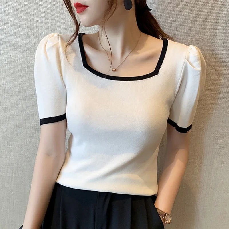 Stylish Square Collar All-match Puff Sleeve T-Shirt Female Clothing 2023 New Casual Pullovers Loose Korean Tee Shirt