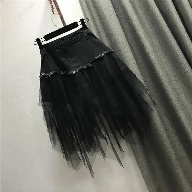 2025 Jesień Nowa Moda Damska Siatka Splicing Denim Spódnice Wysoka Talia A-line Nieregularna Długa Spódnica Moda Damska