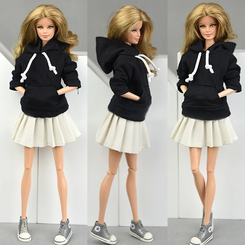 Winter Warm Black Long Sleeve Tops + White Short Mini Dress Outfits Clothes for Barbie Doll Set Clothes for 1/6 BJD Dolls House