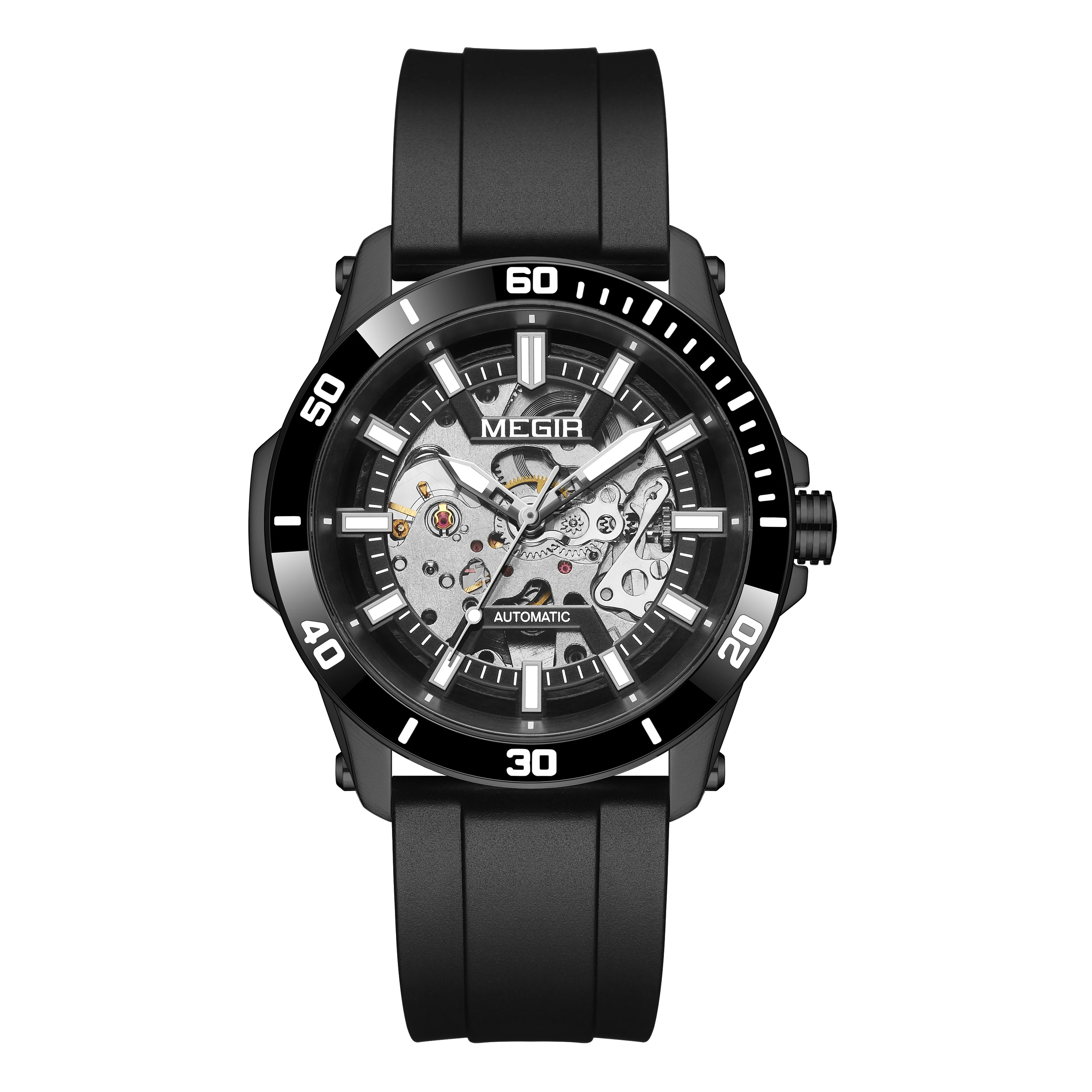 MEGIR Luxury Men's Automatic Mechanical Watches Skeleton 5ATM Waterproof Stainless Steel Case Luminous Wristwatch Clock 8605