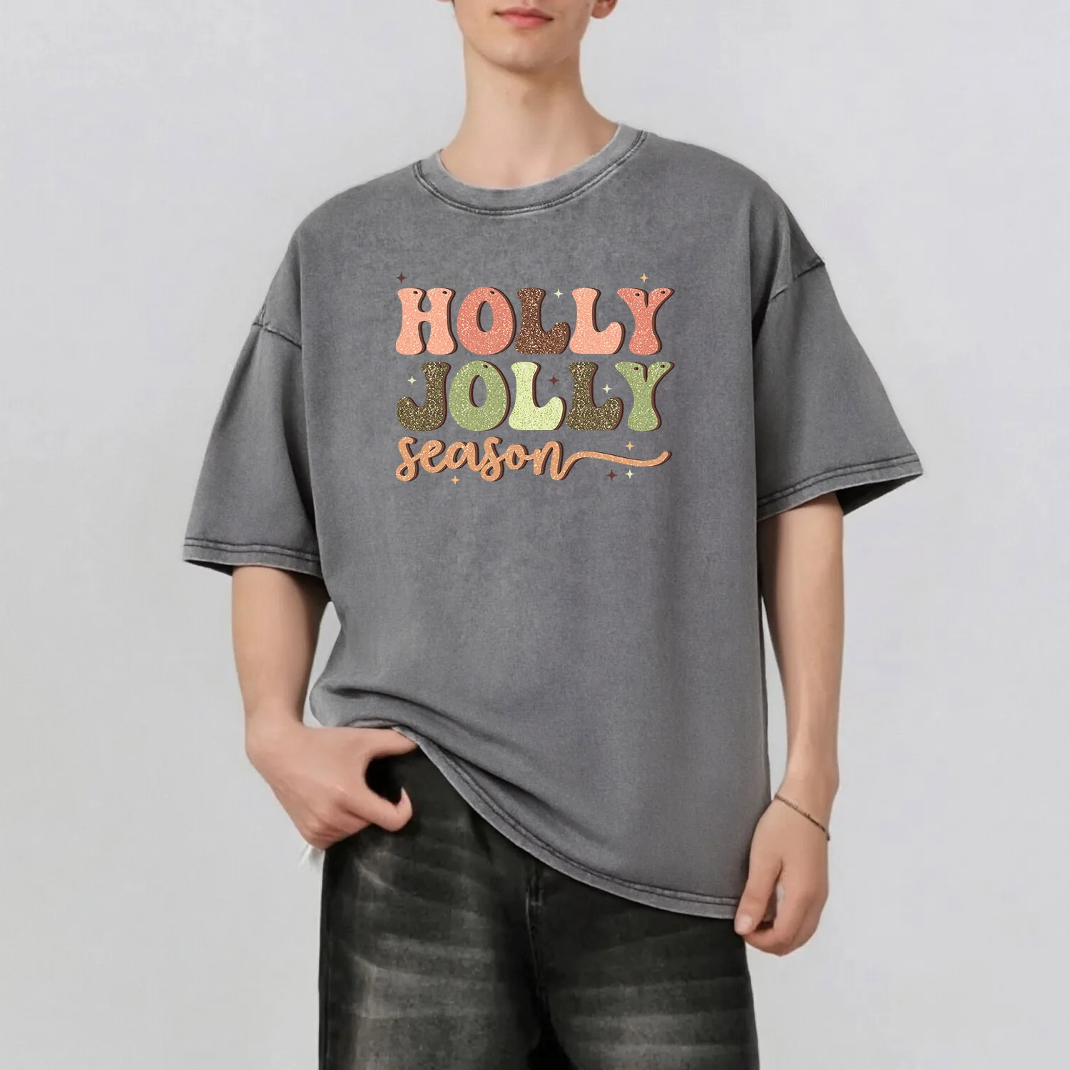 

Christmas Words Graphic Printing Men's Summer Retro Style Washed Water T-Shirt Casual Short Sleeved Basic Men's Top 230G