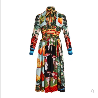 

Pop European and American fashion shiitake print elastic waist in long temperament dress