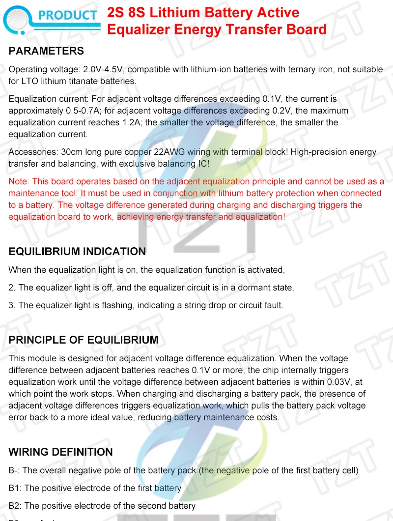 1/3 Stück TZT 2S/8S Aktives Balancer-Board 1,2A Li-Ionen-Lithium-Batterie-Board Energieübertragungs-Equalizer-Modul Induktive Version – Detail 1