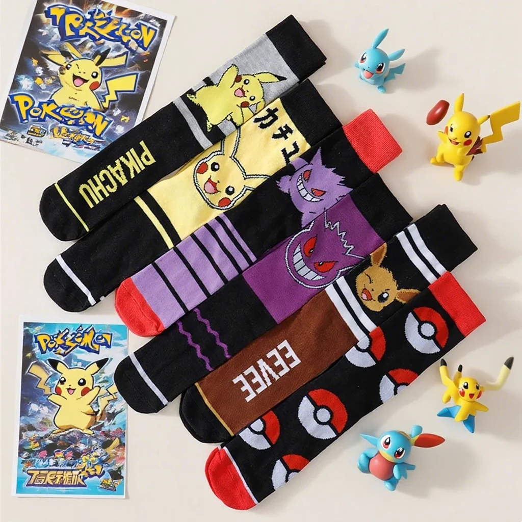

5 Pairs Of Women's Fashionable Cartoon Anime Pok é mon Versatile, Sweet And Cute Pikachu Casual Long Tube Letter Socks