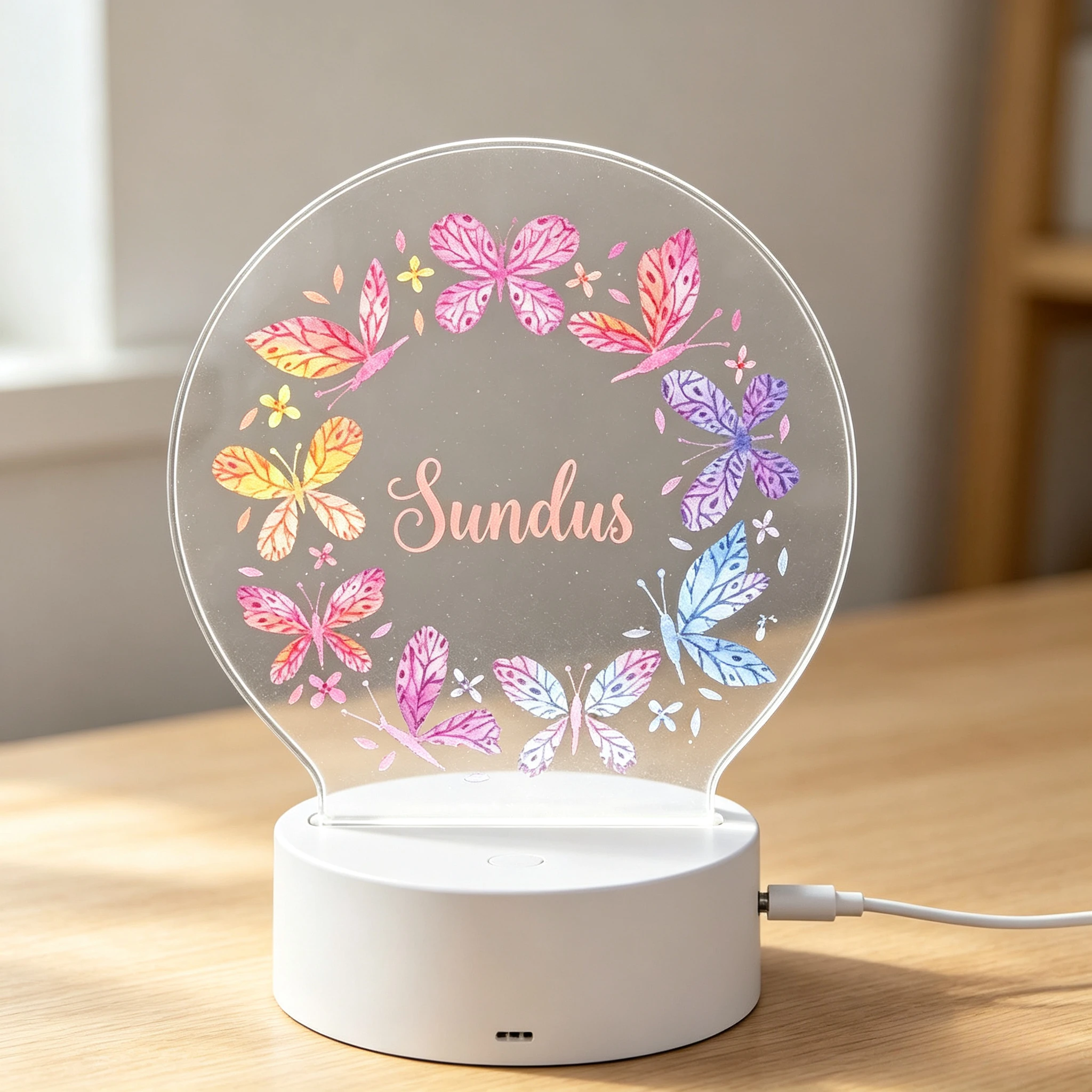 Round Watercolor Rainbow Butterfly Garland Acrylic LED Nightlight, Custom Name Desktop Table Ornament