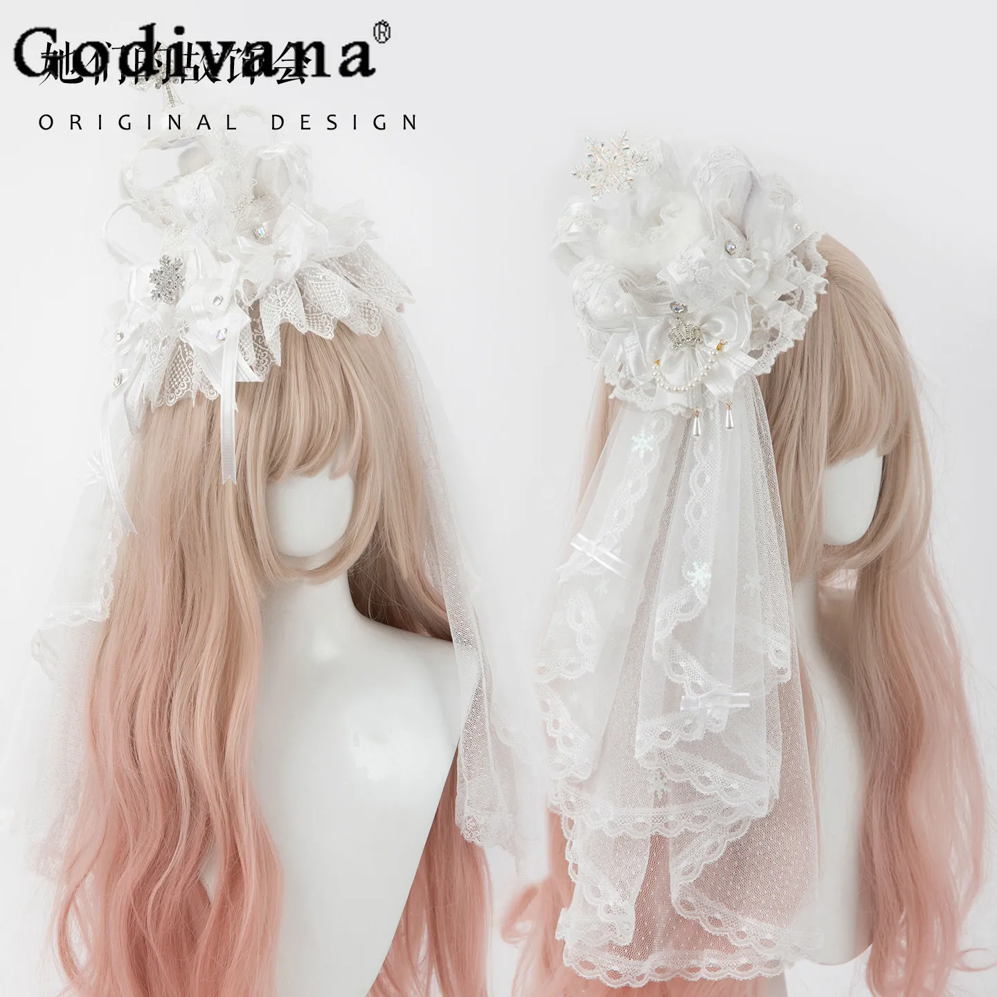 

Japanese Original White Handmade Crown Top Hat Veil Lolita Hair Accessories Sweet and Cute Doll feeling Bow Headband Kc