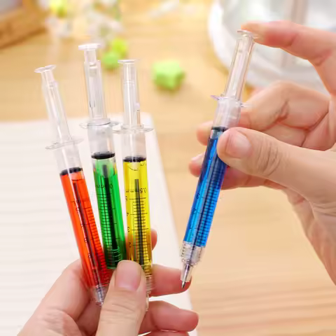 12Pcs Fashionable Syringe Ballpoint Pens Set for Doctors Play Gift Idea Fun Educational Writing Tool Green Yellow