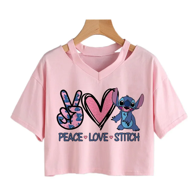 Kawaii Stitch Disney Crop Tops Women Vintage Y2k Cropped Tee Shirt Cute Gothic T-shirt Cartoon Graphic Sexy Tshirt Clothes Femme